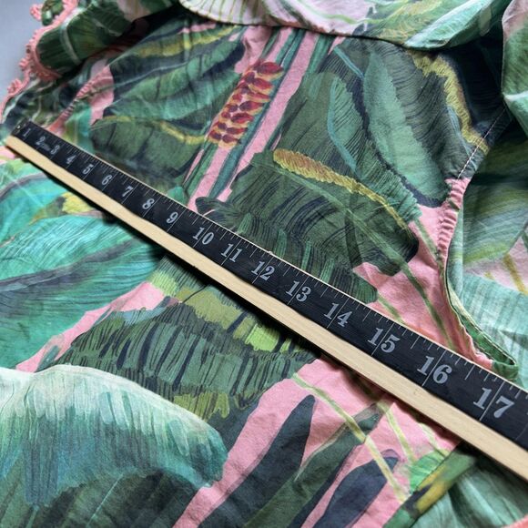 Farm Rio Shirt Womens Small Pink Green Tropical Leaf Ruffle Pom Pom Button Boho - Picture 8 of 9